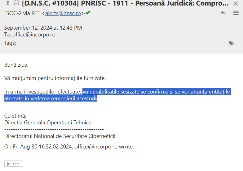 The DNSC has been notified of a serious vulnerability in the justice system and has taken action.