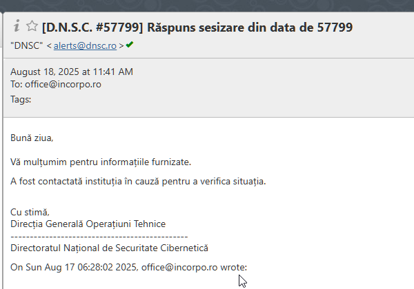 The DNSC confirms that it is initiating actions following the re-notification efforts, at 11:41, on August 18, 2025.